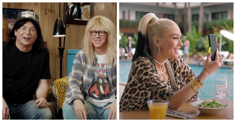 Wayne and Garth reunited for Uber Eats, while Gwen Stefani let us know she knows we think her romance with Blake Shelton was an unlikely match in this year's Super Bowl commercials. Courtesy Uber Eat, T-Mobile