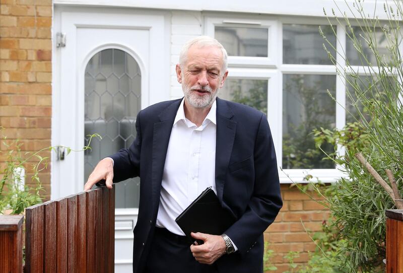 Britain's opposition Labour party leader Jeremy Corbyn leaves his house in north London on June 12, 2019.  / AFP / Isabel Infantes
