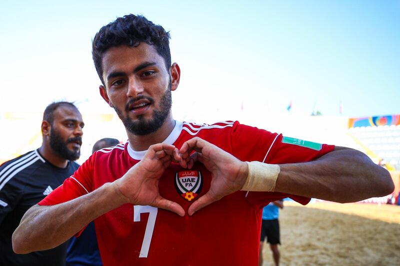 ASUNCION, PARAGUAY - NOVEMBER 24: Hesham Muntaser of United Arab Emirates celebrates his team's victory during the FIFA Beach Soccer World Cup Paraguay 2019 group C match between Russia and United Arab Emirates at Estadio Mundialista Los Pynandi on November 24, 2019 in Asuncion, Paraguay. (Photo by Buda Mendes - FIFA/FIFA via Getty Images)