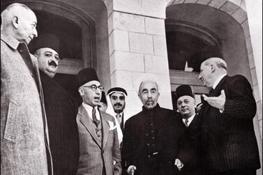 King Abdullah I of Transjordan, later Jordan, centre, with Lebanese Defence Minister Emir Majid Arslan, second from left, Syrian Prime Minister Jamil Mardam Bey, third from left, and Lebanese Prime Minister Riad Al Solh, among others, at a meeting in Amman in 1948. AFP