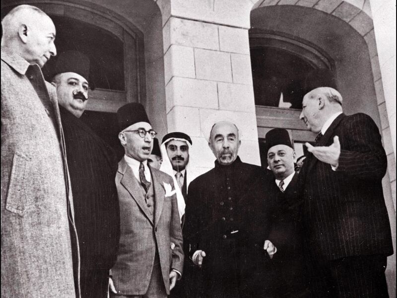 (FILES) King Abdullah I (C) of Transjordania (later Jordan) is surrounded by (L to R) an unidentified man, Lebanese defence minister Emir Megrid Arslan, Syrian Prime Minister Djamil Rey Mardam, an other unidetified man, and Lebanese Prime Minister Riad Bey Es-Solh during a meeting four days before the beginning of the first Arab-Israeli War in Amman on May 10, 1948. Jordan will mark 100 years of survival on April 11 as a resource-poor country in a war-ravaged neighbourhood, but the worst palace crisis in decades and the coronavirus pandemic threaten to overshadow any celebrations. / AFP / AFP FILES / -
