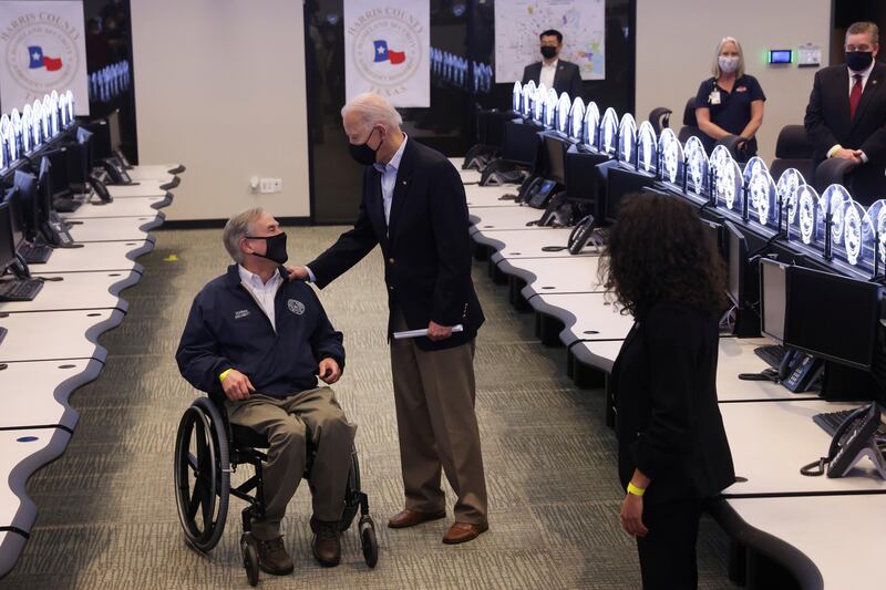 US President Joe Biden and Texas Governor Greg Abbott visit Harris County Emergency Operations Center, in Houston, Texas. Reuters