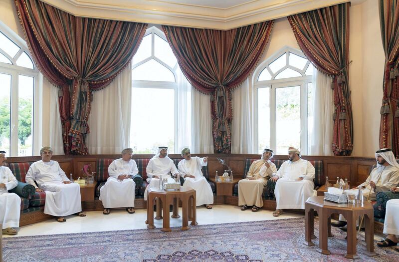 MUSCAT, OMAN - December 12, 2019: HH Sheikh Mohamed bin Zayed Al Nahyan, Crown Prince of Abu Dhabi and Deputy Supreme Commander of the UAE Armed Forces (4th L), offers condolences to Abdullah bin Ali Al Araimi (5th L) on the death of his son Muhammad . Seen with HH Sheikh Mansour bin Zayed Al Nahyan, UAE Deputy Prime Minister and Minister of Presidential Affairs (6th L) and HH Sheikh Zayed bin Hamad bin Hamdan Al Nahyan (R).

( Mohamed Al Hammadi / Ministry of Presidential Affairs )
---