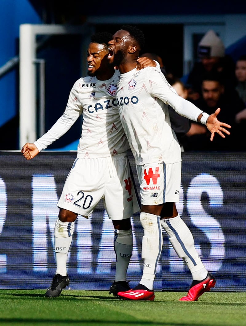 Jonathan Bamba celebrates scoring Lille's third goal to put them 3-2 ahead. Reuters
