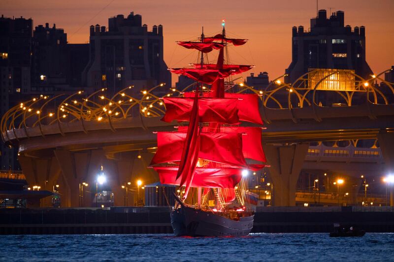 A brig with scarlet sails travels on the Finnish Gulf coast during a rehearsal for the the Scarlet Sails festivities marking school graduation in St. Petersburg, Russia.  AP