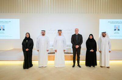 Sheikh Khaled bin Zayed (third left) attended the lecture by architect Michael Pawlyn (fourth left) on Friday. Photo: UAE Presidential Court