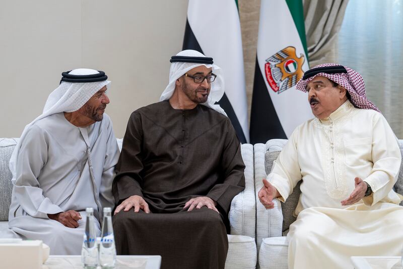 President Sheikh Mohamed receives condolences from King Hamad of Bahrain and Sheikh Suroor bin Mohammed on the death of the Sheikh Tahnoon bin Mohammed, Ruler's Representative of Al Ain Region, at Al Mushrif Palace. Hamad Al Kaabi / UAE Presidential Court
