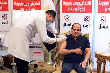 Egyptian President Abdel Fattah El Sisi receives a dose of a vaccine against the coronavirus disease in Cairo on April 25. Reuters