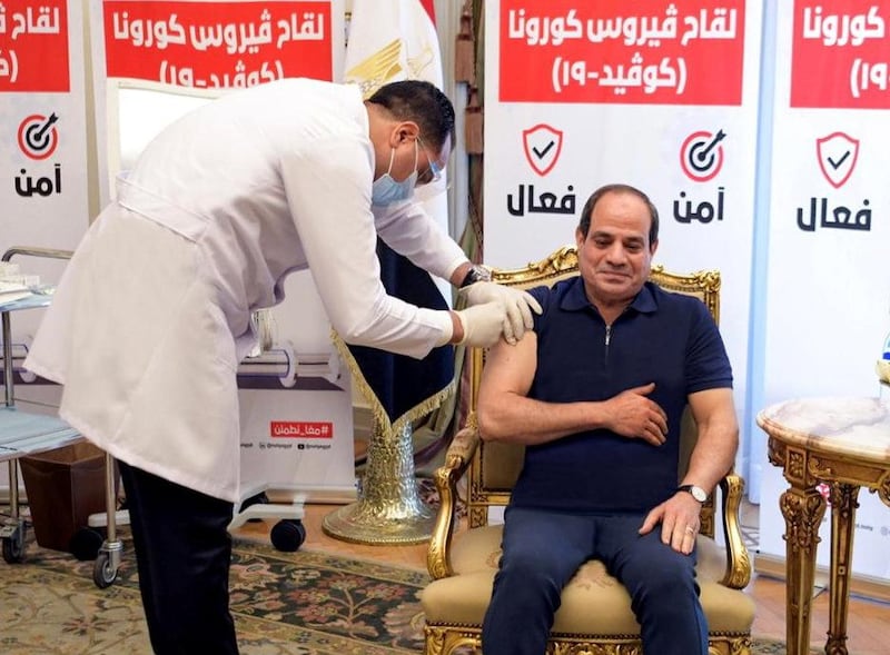 Egyptian President Abdel Fattah al-Sisi receives a dose of a vaccine against the coronavirus disease (COVID-19) in Cairo, Egypt, April 25, 2021 in this handout picture courtesy of the Egyptian Presidency. The Egyptian Presidency/Handout via REUTERS ATTENTION EDITORS - THIS IMAGE WAS PROVIDED BY A THIRD PARTY.