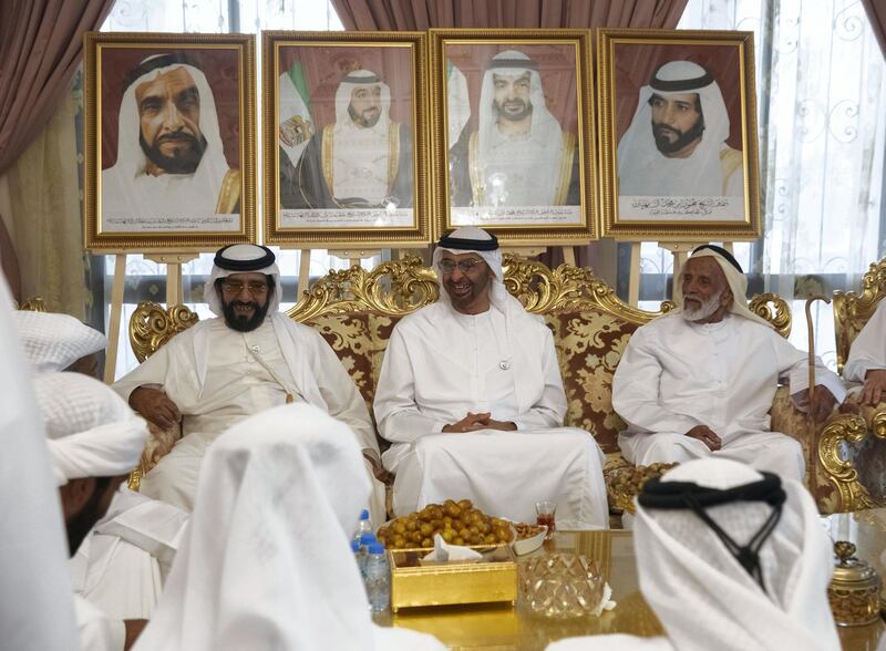 ABU DHABI, UNITED ARAB EMIRATES - January 19, 2019: HH Sheikh Mohamed bin Zayed Al Nahyan, Crown Prince of Abu Dhabi and Deputy Supreme Commander of the UAE Armed Forces (C), attends a lunch reception hosted by Jumaa Saeed Al Amimi (not shown). Seen with HH Sheikh Tahnoon bin Mohamed Al Nahyan, Ruler's Representative in Al Ain Region (L).

( Mohamed Al Baloushi for the Ministry of Presidential Affairsi )
---