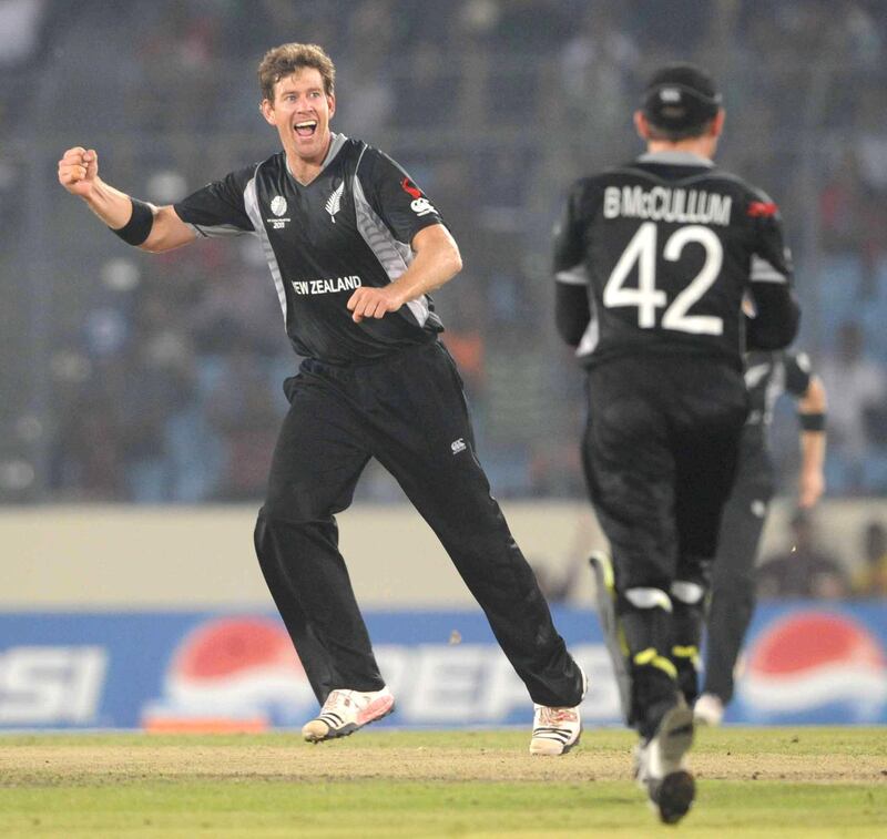 DHAKA, BANGLADESH - MARCH 25:  Jacob Oram of New Zealand celebrates the wicket of Robin Peterson of South Africa during the ICC Cricket World Cup Quarter Final match between South Africa and New Zealand at the SBNCS in Mirpur on March 25, 2011 in Dhaka, Bangladesh.  (Photo by Lee Warren/Gallo Images/Getty Images)