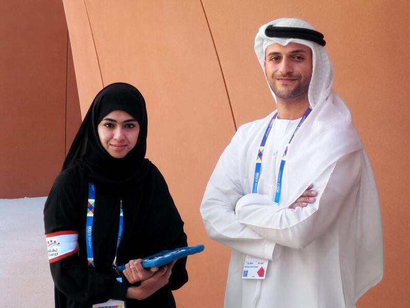 Wafa Al Katheeri and Nabil Al Mana on hand at the UAE’s pavilion at the Milan Expo. Daniel Bardsley for The National