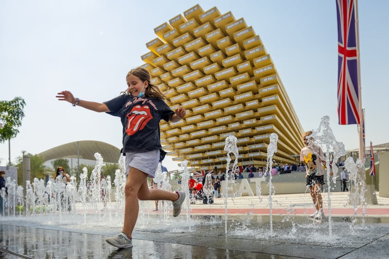 A child plays at a fountain by the UK Pavilion. All Photos: Expo 2020 Dubai
