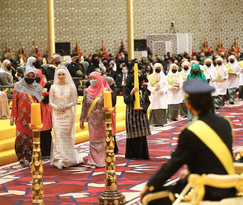 Princess Fadzilah wore a diamond tiara borrowed from her stepmother, Queen Saleha of Brunei.