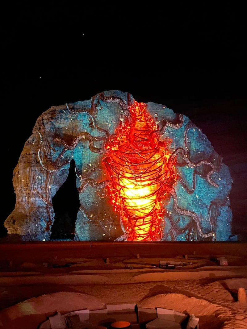 A projection on Elephant Rock in AlUla, Saudi Arabia. 