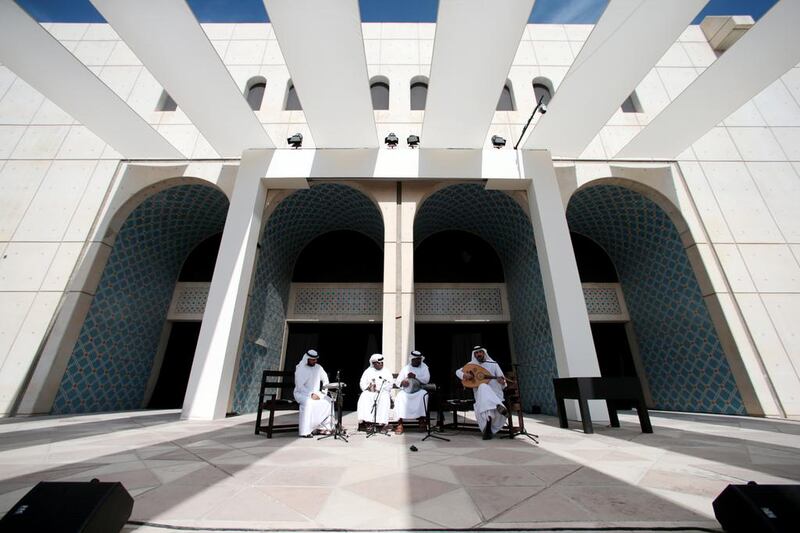 Musican Khalid Mohamed, right, performs at the Cultural Foundation building amphitheatre during the media preview of the Qasr Al Hosn festival in Abu Dhabi on February 8, 2015. Christopher Pike / The National