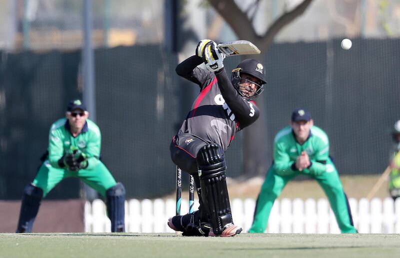 DUBAI , UNITED ARAB EMIRATES , JAN 11 – 2018 :- Ghulam Shabber of UAE playing a shot during the one day international cricket match between UAE vs Ireland held at ICC Academy in Dubai Sports City in Dubai. (Pawan Singh / The National) For Sports. Story by Paul Radley