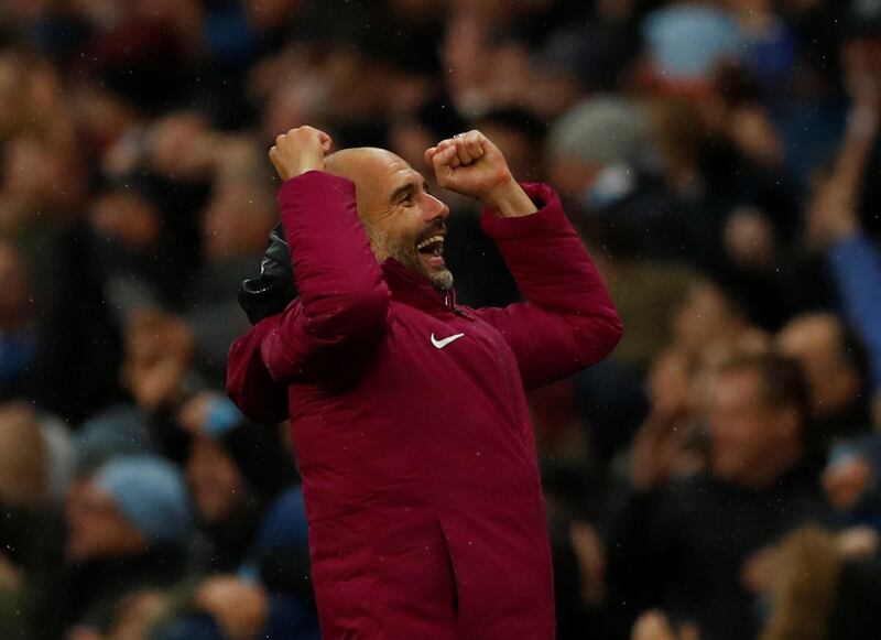 Soccer Football - Premier League - Manchester City vs Burnley - Etihad Stadium, Manchester, Britain - October 21, 2017   Manchester City manager Pep Guardiola celebrates after Manchester City's Leroy Sane scored their third goal          Action Images via Reuters/Andrew Boyers    EDITORIAL USE ONLY. No use with unauthorized audio, video, data, fixture lists, club/league logos or "live" services. Online in-match use limited to 75 images, no video emulation. No use in betting, games or single club/league/player publications. Please contact your account representative for further details.