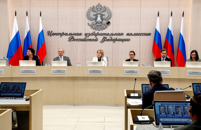 Russia's Central Electoral Commission chairwoman Ella Pamfilova, centre, heads a media briefing in Moscow. EPA