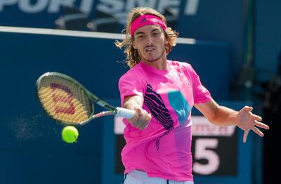 epa06941946 Stefanos Tsitsipas of Greece in action against Alexander Zverev of Germany during their quarterfinal match at the Rogers Cup Men's Tennis tournament in Toronto, Canada, 10 August 2018.  EPA/WARREN TODA