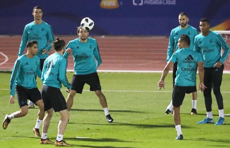 Real Madrid players train ahead of their Fifa Club World Cup semi-final against Al Jazira at New York University Abu Dhabi ground. Karim Sahib / AFP