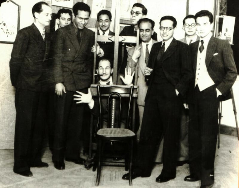 The Art and Freedom Group in 1941. Front, from left: Jean Moscatelli, Kamel El Telmissany, Angelo de Riz, Ramses Younan and Fouad Kamel. Back, from left: Albert Cossery, Maurice Fahmy, Georges Henein, unidentified and Raoul Curiel. Courtesy Younan family archives. 