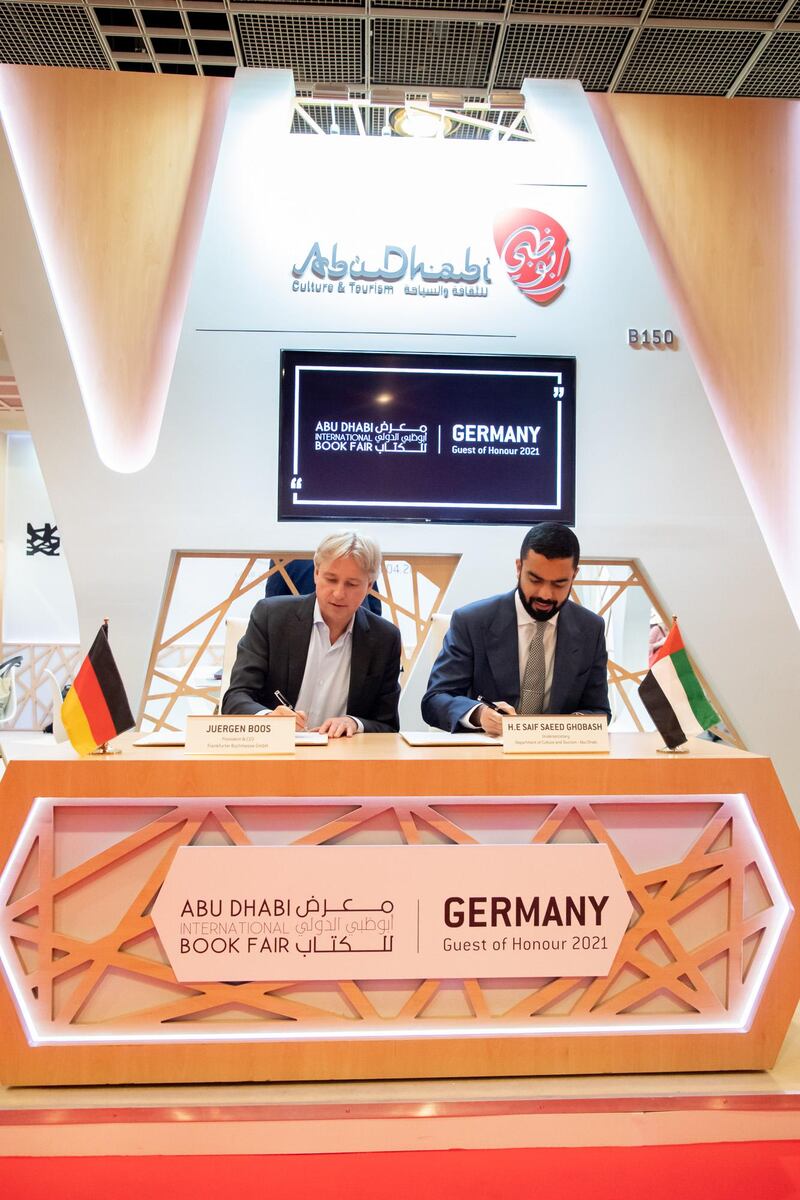 Frankfurt International Book Fair chief executive Juergen Boos signs agreement with Saif Ghobash, undersecretary of DCT Abu Dhabi, for Germany to appear at the 2021 Abu Dhabi International Book Fair as guest of honour. The signing took place in Frankfurt, Germany on Thursday, October 17, 2019. Courtesy Department of Culture and Tourism Abu Dhabi
