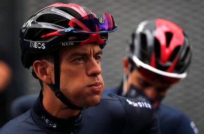 epa09298405 Australian rider Richie Porte (L) of the Ineos Grenadiers team attends a training session two days ahead of the 108th edition of the Tour de France cycling race in Brest, France, 24 June 2021. The 108th edition of the Tour de France will start in Brest, western France on 26 June 2021.  EPA/Guillaume Horcajuelo