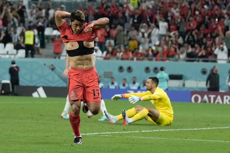 Hwang Hee-chan celebrates after scoring South Korea's late winner in their 2-1 World Cup group-stage win over Portugal at the Education City Stadium, on Friday, December 2, 2022. AP