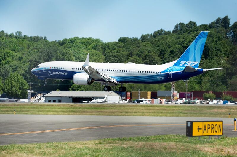 The Boeing 737 Max 10 airplane lands at Boeing Field in Seattle, Washington, U.S., on Friday, June 18, 2021. Boeing Co.'s biggest 737 Max model took its initial flight on Friday morning, marking another milestone in the jet family's comeback from tragedy and a lengthy grounding. Photographer: Chona Kasinger/Bloomberg