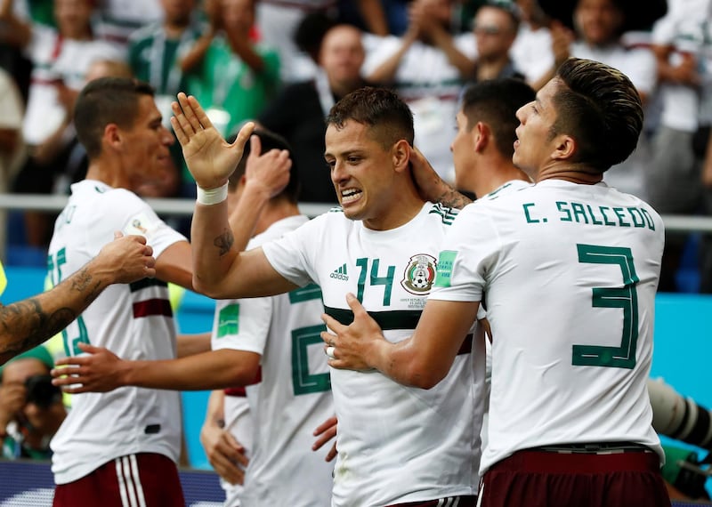 Soccer Football - World Cup - Group F - South Korea vs Mexico - Rostov Arena, Rostov-on-Don, Russia - June 23, 2018   Mexico's Javier Hernandez celebrates scoring their second goal with Carlos Salcedo and team mates   REUTERS/Damir Sagolj