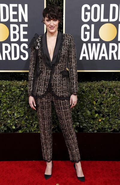 epa08105946 Phoebe Waller-Bridge arrives for the 77th annual Golden Globe Awards ceremony at the Beverly Hilton Hotel, in Beverly Hills, California, USA, 05 January 2020.  EPA/NINA PROMMER