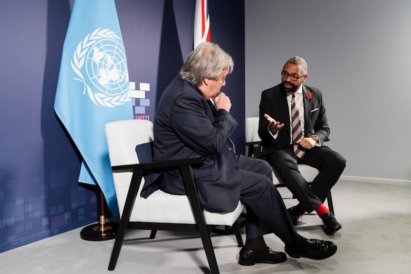 Mr Cleverly, then foreign secretary, speaks to UN Secretary General Antonio Guterres at the UK AI Safety Summit at Bletchley Park in November. Photo: No 10 Downing Street