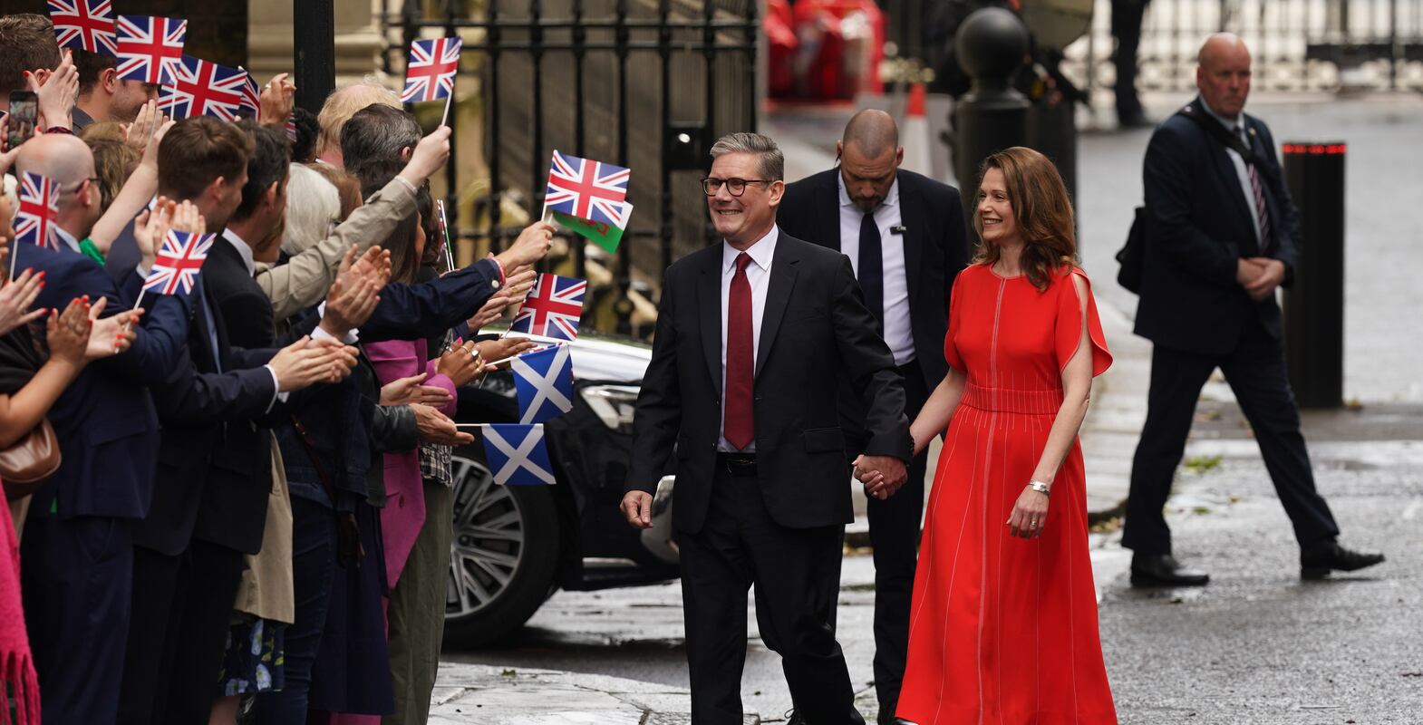Prime Minister Keir Starmer arrives with his wife Victoria at No 10 Downing Street for the first time after the Labour party won a landslide victory at the 2024 General Election. PA
