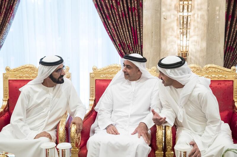 Sheikh Saif bin Zayed Al Nahyan, Deputy Prime Minister and Minister of Interior, and Sheikh Abdullah bin Zayed, Minister of Foreign Affairs and International Cooperation, attend an iftar reception hosted by Sheikh Mohammed bin Rashid, Vice President and Ruler of Dubai, at Zabeel Palace. Ryan Carter / Crown Prince Court — Abu Dhabi