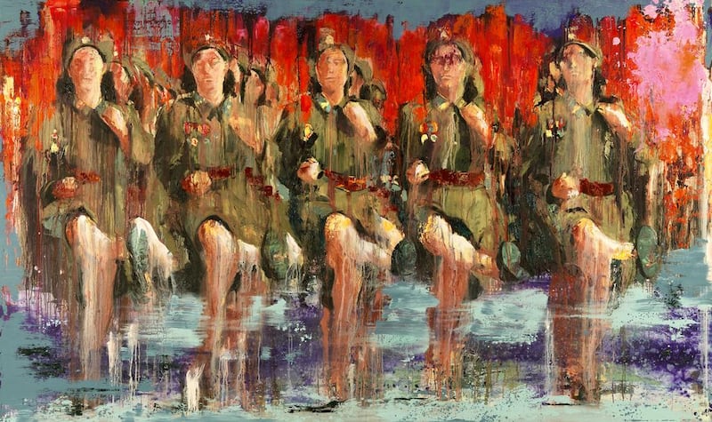 Desire to Submission by Amir Hossein Zanjani show marching female soldiers without their weapons. Courtesy Amir Hossein Zanjani / Salsali Private Museum