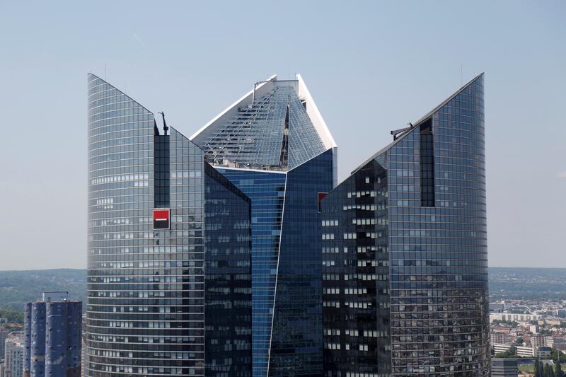 FILE PHOTO: The logo of the French bank Societe Generale is seen on the Chassagne and Alicate towers by architects Michel Andrault, Pierre Parat et Nicolas Ayoub at the bank's headquarters June 1, 2017 at La Defense business and financial district in Puteaux near Paris, France. REUTERS/Charles Platiau/File Photo                     GLOBAL BUSINESS WEEK AHEAD    SEARCH GLOBAL BUSINESS 31 JUL FOR ALL IMAGES