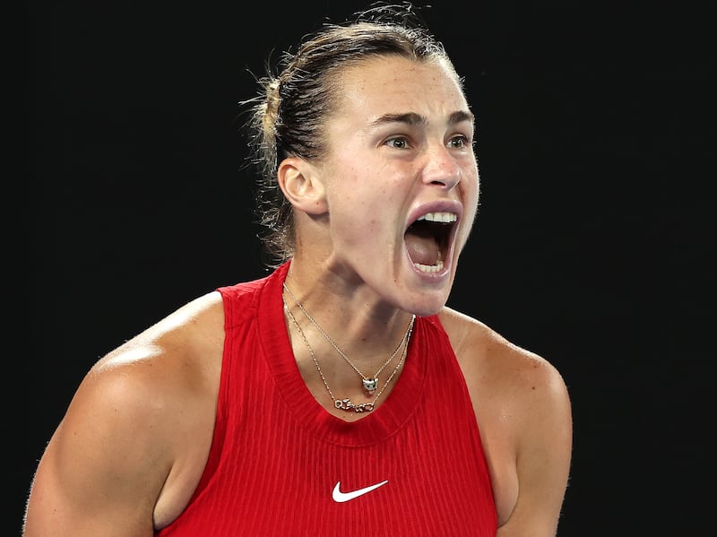 MELBOURNE, AUSTRALIA - JANUARY 25: Aryna Sabalenka celebrates a point in their Semi Final singles match against Coco Gauff of the United States during the 2024 Australian Open at Melbourne Park on January 25, 2024 in Melbourne, Australia. (Photo by Darrian Traynor / Getty Images)