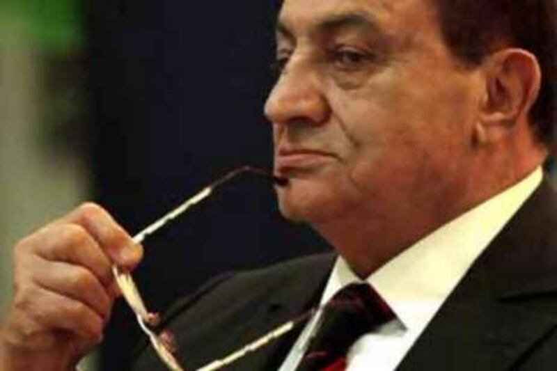 The Egyptian president Hosni Mubarak listens to proceedings before receiving The Jawaharlal Nehru Award for International Understanding at a ceremony in New Delhi on Nov 18 2008. Mr Mubarak is on a two-day visit to Abu Dhabi.