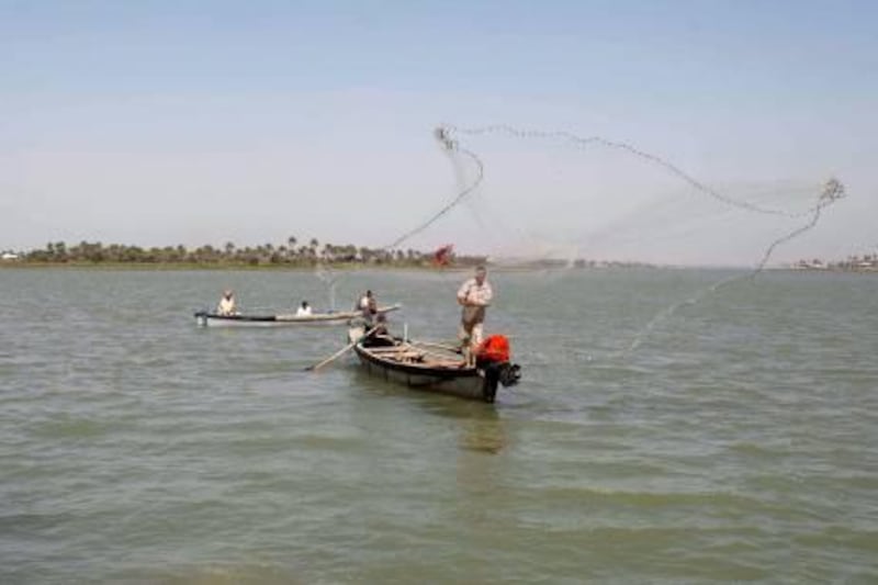 A fisherman casts his net into the waters of the Shatt al-Arab river near the southern city of Basra, 420 km (260 miles) southeast of Baghdad, March 15, 2011. Since time immemorial, villagers on Iraq's Faw peninsula have fished the waters where the Tigris and Euphrates reach the Gulf. But today, they say violent sea border disputes are forcing them off their boats. Picture taken March 15, 2011. REUTERS/Atef Hassan (IRAQ - Tags: SOCIETY POLITICS EMPLOYMENT BUSINESS FOOD) *** Local Caption ***  BAG101_IRAQ-FISHERM_0324_11.JPG