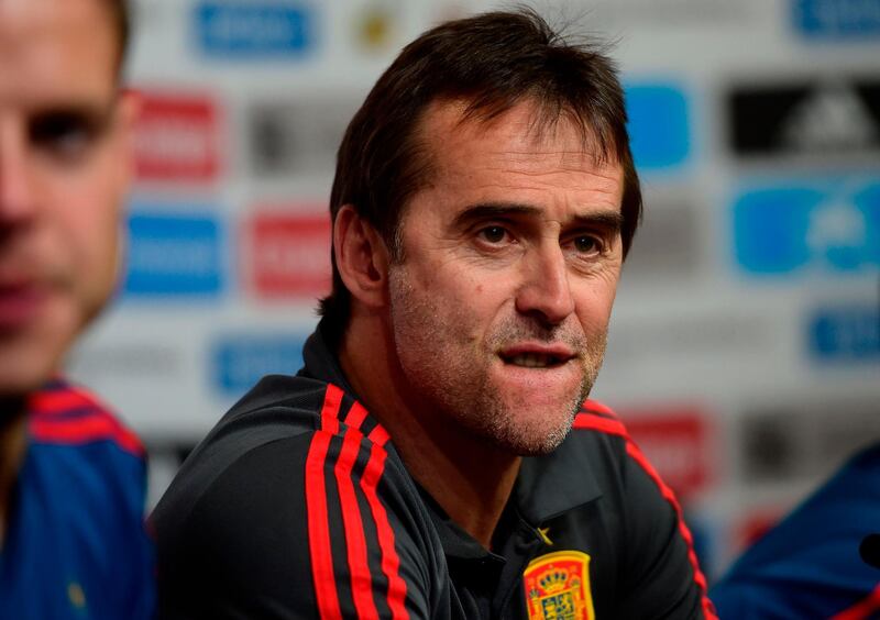 Spain national football team coach Julen Lopetegui reacts during a press conference at Krasnodar's stadium on June 8, 2018 on the eve of the international friendly match against Tunisia.  / AFP / Pierre-Philippe MARCOU
