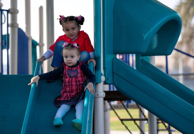 Abu Dhabi, United Arab Emirates, December 13, 2019.  
  -- Toddlers at the jungle gym at Dolphin Park, Eastern Mangrove.
Victor Besa/The National
Section:  NA
Reporter: