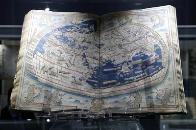 ABU DHABI , UNITED ARAB EMIRATES , January 16 ��� 2019 :- The First Atlas Illustrated with Woodcut maps on display at the Manuscripts Conference held at Manarat Al Saadiyat in Abu Dhabi. (Pawan Singh / The National ) For News. Story by Shareena