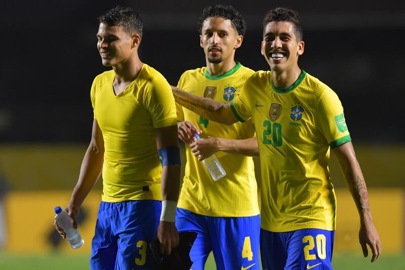 Roberto Firmino, Marquinhos and Thiago Silva of Brazil after the match. Getty