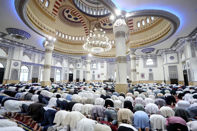 Dubai, United Arab Emirates - August 11, 2019: Early morning Eid prayers take place at Al Farooq Omar Bin Al Khattab Mosque. Sunday the 11th of August 2019. Al Farooq Omar Bin Al Khattab Mosque, Dubai. Chris Whiteoak / The National