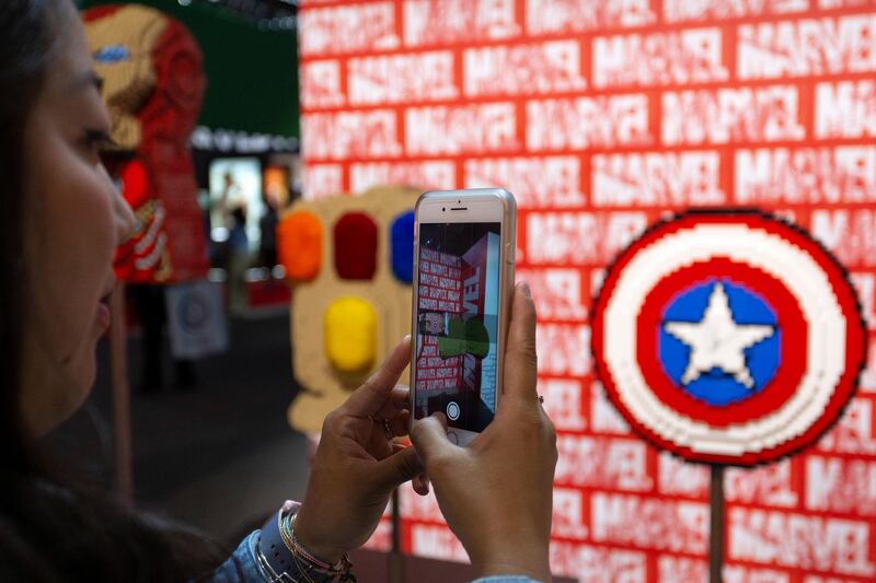 A Captain America shield made out of Lego bricks at the D23 Expo. EPA.