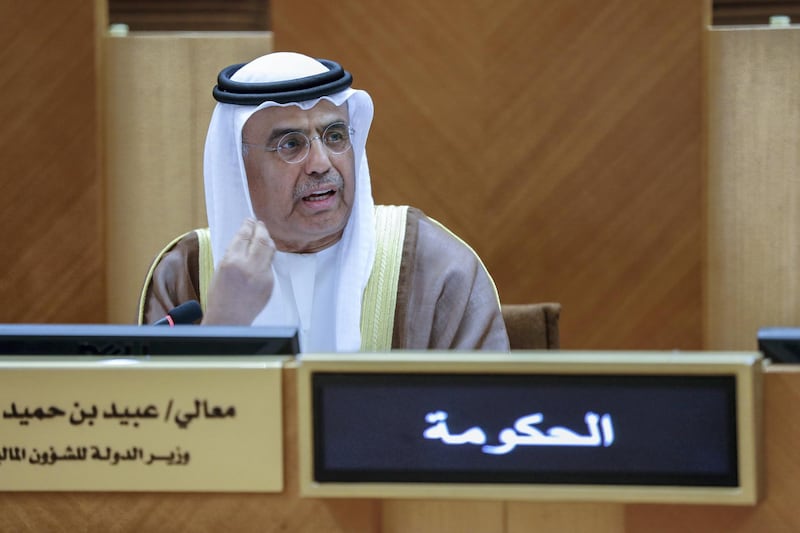 Abu Dhabi, U.A.E., January 30, 2018.  Monthly FNC council meeting.  H.E. Obaid Humaid Al Tayer is Minister of State for Financial Affairs of the UAE.
Victor Besa / The National
National
REPORTER: Haneen Dajani