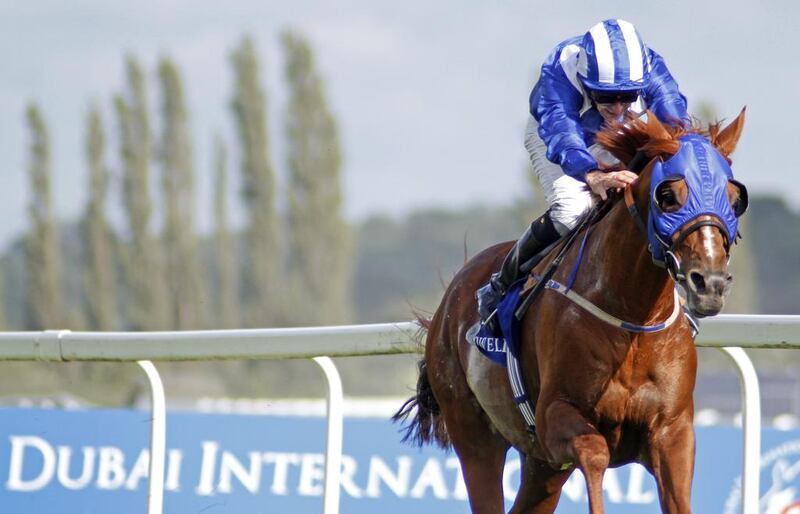 Al Hibaab and jockey Ted Durcan power their way to victory in the Dubai International Stakes during the Dubai International Arabian race day at Newbury.  Steven Cargill / Racingfotos.com

