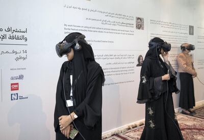 ABU DHABI, UNITED ARAB EMIRATES - Attendees experienceing the Virtual Reality at the Al Burda Festival, Shaping the Future of Islamic Art and Culture at Warehouse 421, Abu Dhabi.  Leslie Pableo for The National for Melissa Gronlund���s story