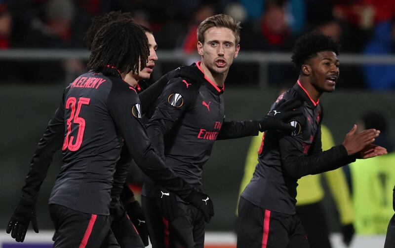 Soccer Football - Europa League Round of 32 First Leg - Ostersunds FK vs Arsenal - Jamtkraft Arena, Ostersund, Sweden - February 15, 2018   Arsenal's Nacho Monreal celebrates scoring their first goal with teammates   Action Images via Reuters/Peter Cziborra